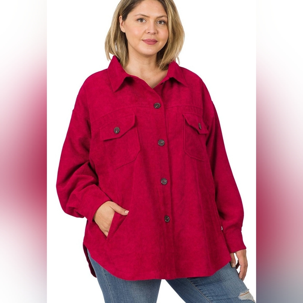 Corduroy Button Front Shacket Red - Picture 2 of 2